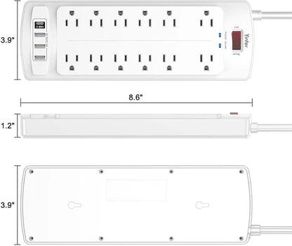 Yintar 6Ft Surge Protector Power Strip with 12 Outlets and 4 USB Ports | 6 Feet Flat Plug Extension Cord with Multiple Outlets for Home, Office, Dorm Essentials, 2700 Joules, ETL, White