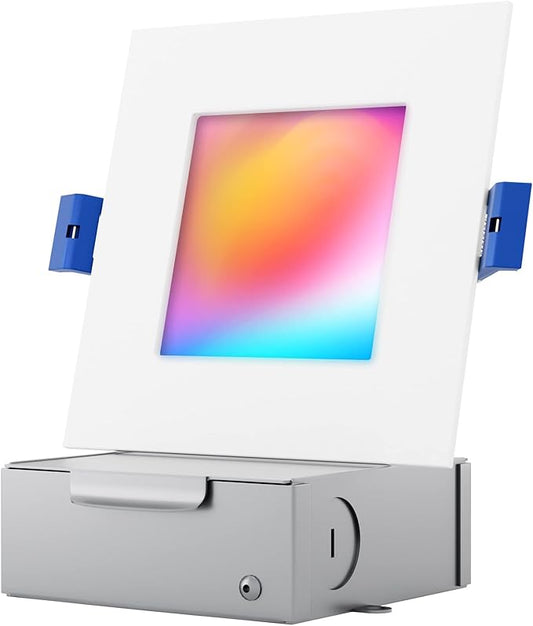 4 Inch LED Smart Slim Recessed Pot Light, Square, WiFi APP & Voice Control, 120V, 9W, 600LM, RGB + 2700K-6000K, ETL & FCC & IC Rated, Wet Location, Works with Alexa/Google Home, White -1Pack