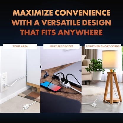 Newhouse Electric 3-Foot 2-Prong Indoor Outlet Extension Cord with Tamper Guard CTCORD3FT-WH, Slim Indoor Extension Cord and Cube Tap for Home Essentials, Apartments, and Home Improvement Projects