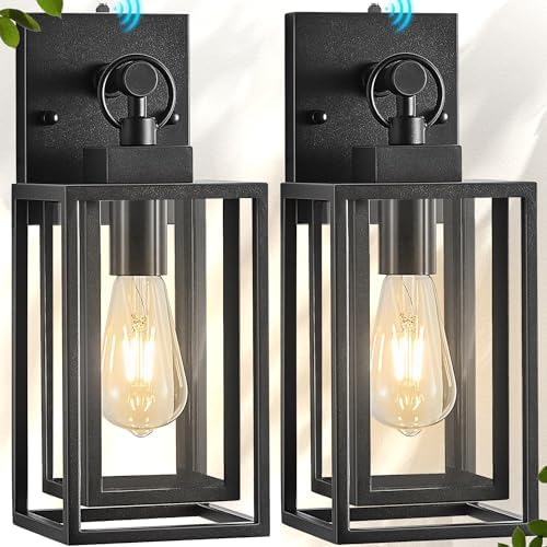 14 in Dusk to Dawn Outdoor Wall Sconces Lanterns,Double Cage Square Outdoor Wall Light,Waterproof Black Exterior Light Fixtures,Front Porch Light Fixtures for Garage,Patio,E26 Base,2 Packs