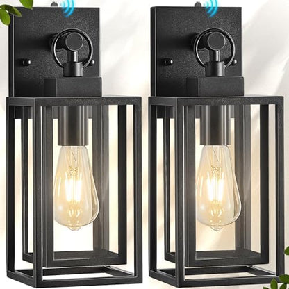 14 in Dusk to Dawn Outdoor Wall Sconces Lanterns,Double Cage Square Outdoor Wall Light,Waterproof Black Exterior Light Fixtures,Front Porch Light Fixtures for Garage,Patio,E26 Base,2 Packs