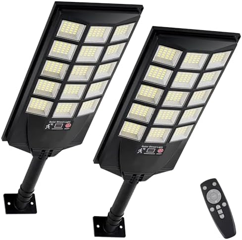Solar Lights Outdoor Waterproof, 6500K Dusk to Dawn Solar Street Light Motion Sensor with Remote, LED Security Flood Light for Outside Garden Yard Path, Oudoor Parking Lot Lights, 2PACK