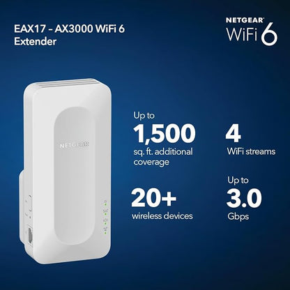 NETGEAR WiFi 6 Range Extender (EAX17) - AX3000 Dual-Band Wireless Signal Booster & Repeater (up to 3.0 Gbps Speed) - Add up to 1,500 sq. ft., 20 Devices - WPA3 Security, One WiFi Name