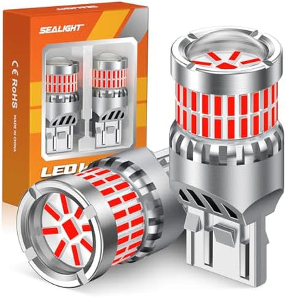 SEALIGHT 7440 7443 LED Bulbs Red for Brake Lights, Upgraded T20 7444 7441 W21W 992 7443NA LED Bulb 56-SMD with Projector Lens for Stop Tail Lights, Pack of 2