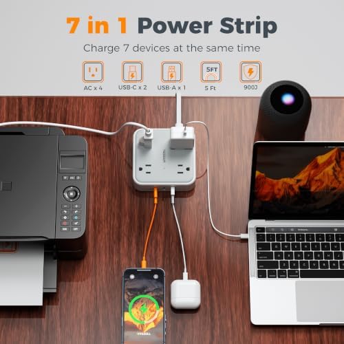 TESSAN Surge Protector Flat Extension Cord 5Ft, Flat Plug Power Strip