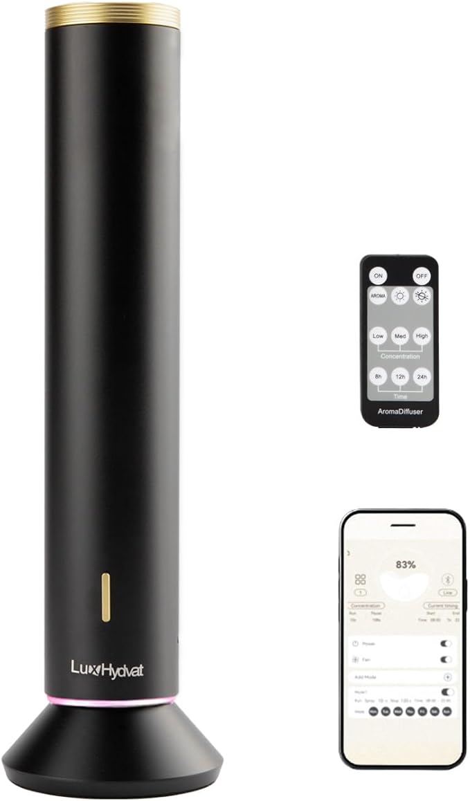 Waterless Essential Oil Diffuser: Smart App & Remote Control, 4000 Sq Ft Coverage, Quiet Aroma Diffuser for Large Room Home Hotel Office, Up to 20H Runtime, 360° Light & Time (Black, Cylindrical)