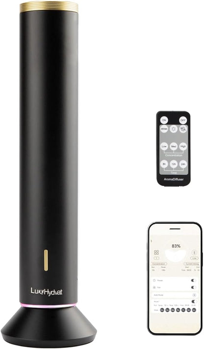 Waterless Essential Oil Diffuser: Smart App & Remote Control, 4000 Sq Ft Coverage, Quiet Aroma Diffuser for Large Room Home Hotel Office, Up to 20H Runtime, 360° Light & Time (Black, Cylindrical)