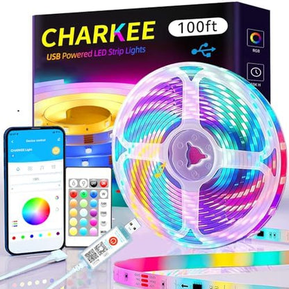 CHARKEE LED Lights 100ft USB-Powered, Music Sync RGB LED Strip Lights for Bedroom/TV Backlight/Gaming Lighting, Color Changing Bluetooth Led Lights IR Remote&App Control