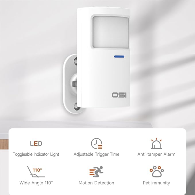 OSI Wireless Motion Sensors (Gen 2) White - Accessory for OSI Smart Alarm System (Gen 2), Wireless, Includes 2 AA Batteries, Pet Immunity, Wide Angle 110°. Qty 1