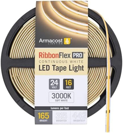 Armacost Lighting RibbonFlex Pro 24V White COB LED Strip Light Tape 3000K, 165 Lumens/Ft, 5M 171230