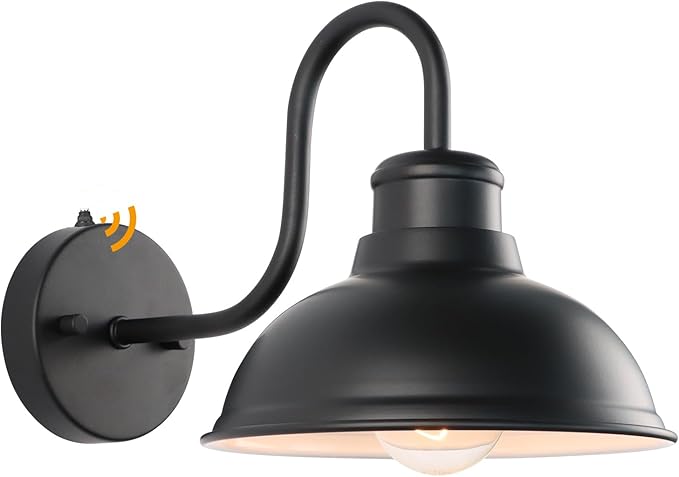Dusk to Dawn Outdoor Wall Sconces, Exterior Farmhouse Gooseneck Barn Light, Vintage Matte Black Outside Wall Mount Light Fixture, Anti-Rust Waterproof Outdoor Light Hardwired for Porch Garage
