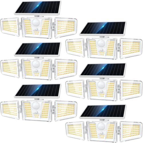 KOOPER Solar Flood Lights, 210 LED Motion Sensor Outdoor Lights, Solar Motion Lights Outdoor Waterproof, 3 Heads 300° Wide Angle Outdoor Security Lights for Yard Patio Garage Entryways, 6 Pack, White