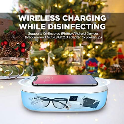 UV Light Sanitizer Box with Wireless Charging, 8 UV-C LED Lights for Phones, Toothbrushes, Nail Tools, Jewelry, and More (Blue)