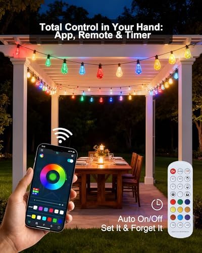 100FT RGB Smart Outdoor String Lights, APP & Remote Patio Lights