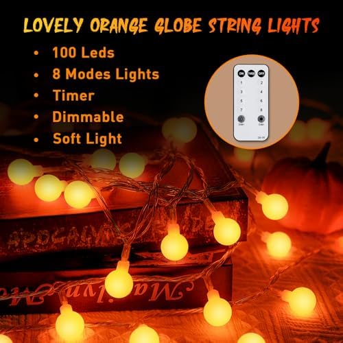 JMEXSUSS Connectable 100 LED Globe Orange Halloween Lights Indoor