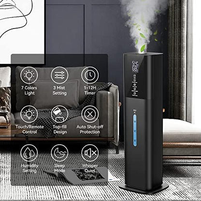 Humidifiers Large Room Bedroom with 7 Colors Light, 2.1Gal(8L) 3 Speed Quiet Ultrasonic Cool Mist Humidifier with 360° Nozzle, Humidity Setting, Timer,Aroma Box for Home Plant Baby Yoga Sleep (Black)