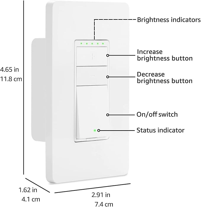 Amazon Basics Smart Dimmer Switch, Single Pole, Works with Alexa Only, Voice Control, 2.4 GHz Wi-Fi, No Hub Required, Neutral Wire Required, White (Pack of 2)