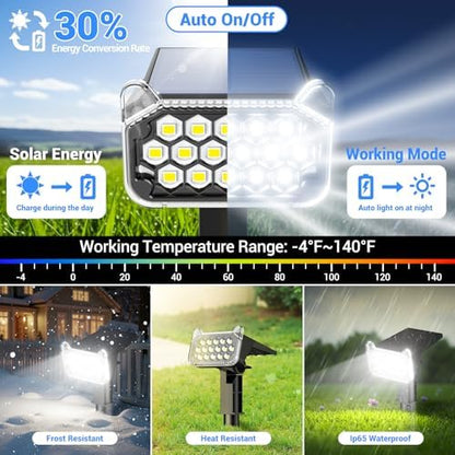 Solar Spot Lights Outdoor Waterproof IP65, Super Bright LEDs with Lens, 6500K 2 Lighting Modes, 2 in 1 Auto On/Off Solar Powered Spotlights for Yard Flag Landscape Tree, 4 Pack, Cool White