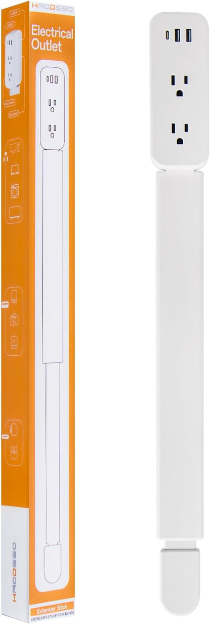 Electrical Outlet Extender Stick - Features USB-A, USB-C and 2 AC Outlets, Extends 22"-34", Rotates 180° Access Hard-to-Reach Outlets, Wall Plug Power Socket Expander Nightstands, Sofa, Desks and More