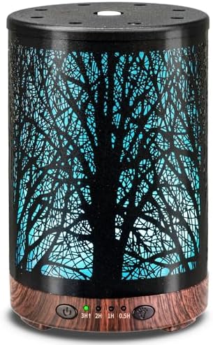 Essential Oil Diffuser 120ML Metal Aromatherapy Diffuser with Timer, Cool Mist Humidifier with Auto Shut-Off & 7 Color Lights for Home Office Spa (Tree)