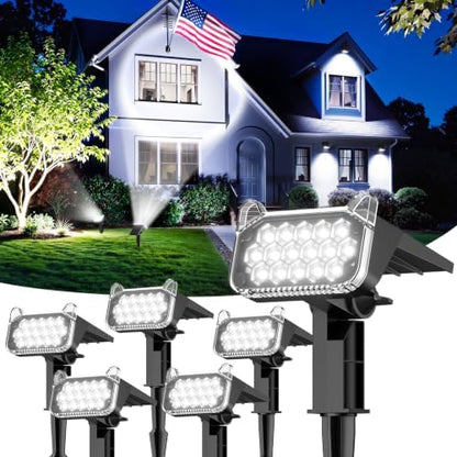 Solar Spot Lights Outdoor Waterproof IP65, Super Bright LEDs with Lens, 2 Lighting Modes, 2 in 1 Auto On/Off Solar Powered Spotlights for Outside Landscape Holiday Decor, 6 Pack, Cool White