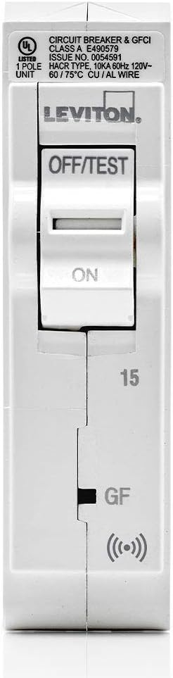 Leviton 15A 1-Pole Plug-On Smart GFCI Branch Circuit Breaker, Hydraulic Magnetic, 120 VAC, LB115-GS, White
