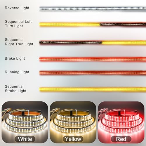 60" Tailgate Light Bar - 504 LED Triple Row Strip with Red Brake/White Reverse/Yellow Turn Signals, Sequential Strobe Effects, Waterproof Silicone for Car Pickup SUV Trailers