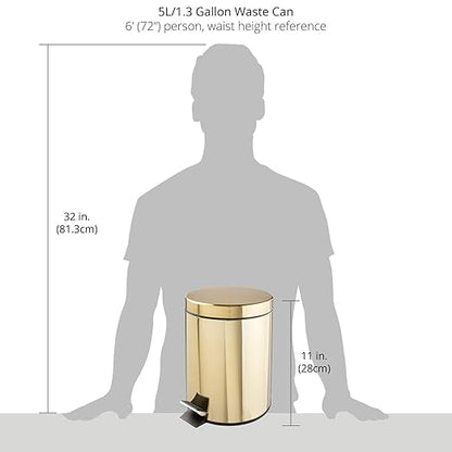 mDesign Small Modern 1.3 Gallon Round Metal Lidded Step Trash Can, Compact Garbage Bin with Removable Liner Bucket and Handle for Bathroom, Kitchen, Craft Room, Office, Garage - Soft Brass, 5 liter