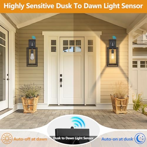 18 IN Dusk To Dawn Outdoor Wall Light,Double Cage Satin Black Exterior Lighting Fixtures With Clear Tempered Glass,Waterproof Auto On/Off Outdoor Lanterns For Porch,Garage,Yard,E26 Base,1 Pack