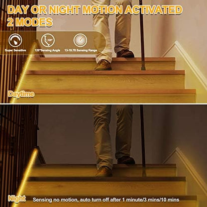 MY BEAUTY LIGHT Motion Activated LED Strip Lights, 32.8ft LED Light Strip with Day or Night 2 Lighting Modes,3 Timing Off Modes,Warm White 12v Plug-in LED Rope Lights for Under Cabinet,Kitchen,Stair