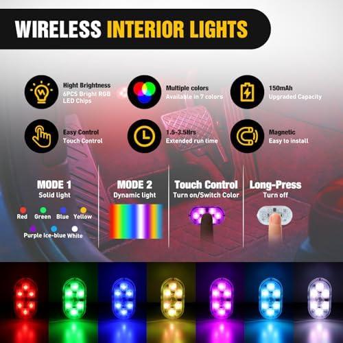 Nilight 2 PCS 7 Colors Wireless Magnetic RGB LED Interior Lights