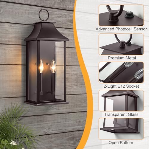 Dusk to Dawn Outdoor Wall Sconces 2-Light, 20.6", Bronze