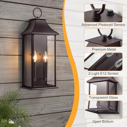 Dusk to Dawn Outdoor Wall Sconces 2-Light, 20.6", Bronze