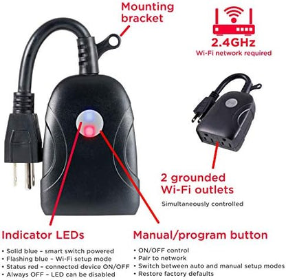 UltraPro Outdoor Smart Plug, 2 Grounded Outlets, Black, 1 Pack