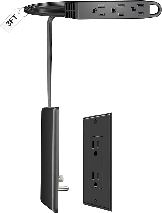 CABOCASA 3FT Ultra Flat Plug Extension Cord Power Strip with 3 Outlets, Patented Detachable Ultra-Thin Outlet Cover Concealer & Ultra-Flat Plug, Max. 13A 125V 1625W ETL Listed, Black Color