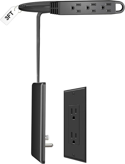 CABOCASA 3FT Ultra Flat Plug Extension Cord Power Strip with 3 Outlets, Patented Detachable Ultra-Thin Outlet Cover Concealer & Ultra-Flat Plug, Max. 13A 125V 1625W ETL Listed, Black Color
