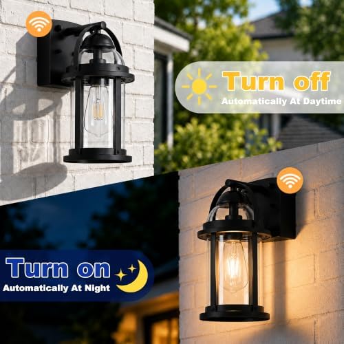 OKELI Dusk to Dawn Outdoor Wall Lights, Waterproof Lighting Fixtures Rustic Farmhouse Wall Lanterns with Clear Glass Shades Anti-Rust Outside Lights for Garage Patio Porch(Black, 2 Pack)
