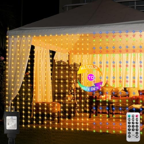 echosari 20Ft x 10Ft Large Curtain Lights Plug in Warm White & Multicolor