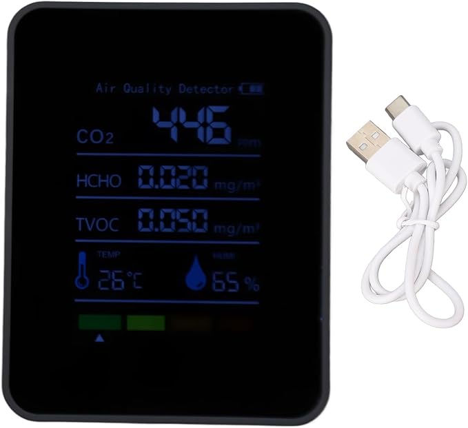 Portable CO2 Detector, 5-in-1 Air Quality Monitor with HCHO, TVOC, Temp, Humi, Ideal for Detecting Carbon Dioxide Concentration in the Air