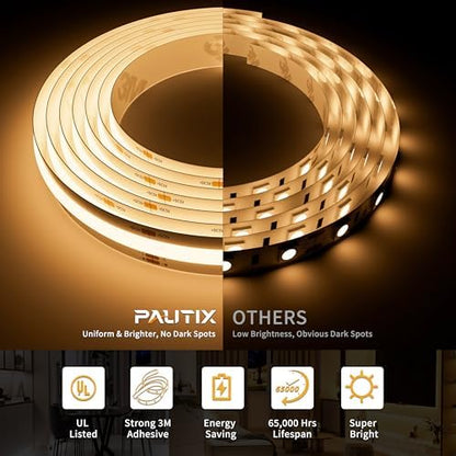 PAUTIX 5V USB CCT Tunable COB LED Strip Lights 6.56ft/2m,1280LEDs 1200lm 2700K-6500K Dimmable CRI85+ with RF Remote TV Backlight,Flexible Under Cabinet Tape Light for Bedroom,Kitchen,Home DIY Lighting