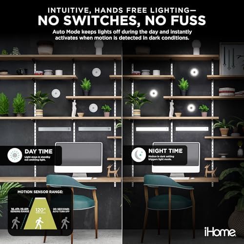 iHome Rechargeable Auto Sensing Light Bars, Motion Sensor, Dimmable, Auto/Always-On Modes, Easy Installation (5-Pack (2 Light Bars & 3 Puck))
