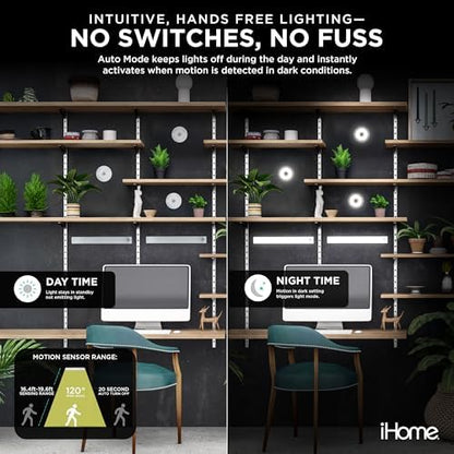 iHome Rechargeable Auto Sensing Light Bars, Motion Sensor, Dimmable, Auto/Always-On Modes, Easy Installation (5-Pack (2 Light Bars & 3 Puck))
