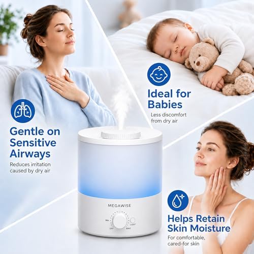 MegaWise Ultrasonic Cool Mist Humidifier SK7620-1.5L Capacity, Whisper-Quiet Operation, Adjustable Mist Output, Auto Shut-Off - Ideal for Home, Office, Baby Room, and Bedroom, 1.5 L (Pack of 12)