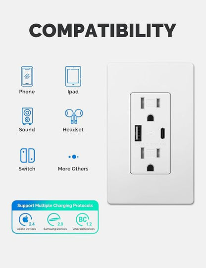 MOES USB Wall Outlet 15 Amp, USB-C and USB-A 24W Charging, White, 1 Pack