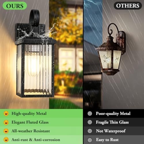 BesLowe 2-Pack Outdoor Wall Light Fixtures with Fluted Glass, Black