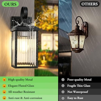BesLowe 2-Pack Outdoor Wall Light Fixtures with Fluted Glass, Black