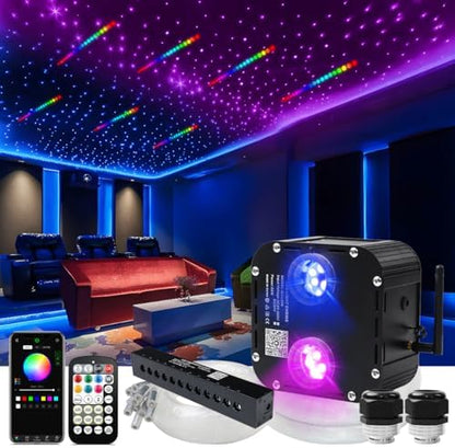AZIMOM Updated Dual Color 50W Twinkle Fiber Optic Starlight Kits 2000pcs*0.03in*16.4ft, RGB Meteor Shooting Star, Sound Activated APP/Remote Control Theater Ceiling Home Shop Car Lobby Roof Decor