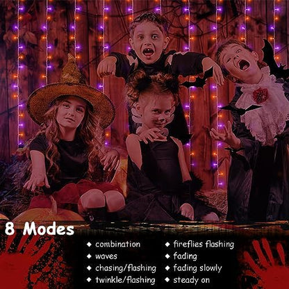 echosari Halloween Curtain Lights Battery Operated 300 LED Purple Orange