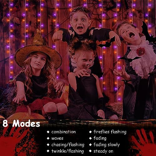 echosari Halloween Curtain Lights Battery Operated 300 LED Purple Orange
