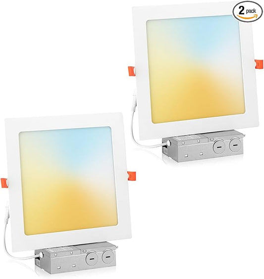 2 Pack 8 Inch Square LED Recessed Ceiling Light 5CCT Selectable for Kitchen Retrofit, Slim Canless Wafer Downlight IC Rated for Bathroom, 18W Dimmable 1440LM for Porch ETL FCC